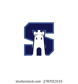 Stylized navy blue logo combining a castle turret and the letter 'S' with a white background