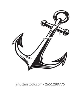 A stylized, navy blue and white illustration of a classic ship's anchor with a thick rope wrapped around its shank and flukes, set against a clean white background.