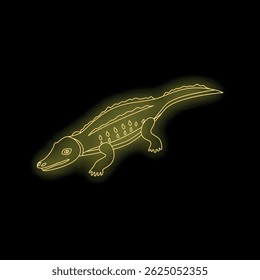 Stylized neon crocodile crawling, glowing yellow against a black background