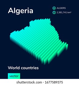 Stylized neon digital isometric striped vector Algeria map with 3d effect. Map of Algeria is in green  and mint colors on the dark blue background