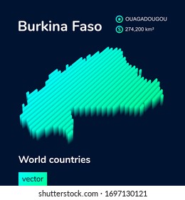 Mapa vectorial estilizado en rayas de Burkina Faso con efecto 3d. Mapa de Burkina Faso con colores verde y menta en el fondo azul oscuro