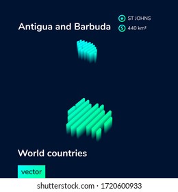 Stylized neon digital isometric striped vector Antigua and Barbuda map with 3d effect. Map of Antigua and Barbuda is in green  and mint colors on the dark blue background