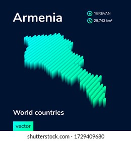 Mapa vectorial estilizado a rayas de Armenia con efecto 3d. Mapa de Armenia con colores verde y menta en el fondo azul oscuro
