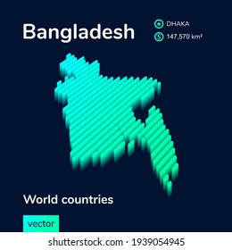 Stylized neon digital isometric striped vector   map  of Bangladesh, with 3d effect. Bangladesh map is in green and mint colors on the dark blue background 