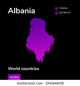 Stylized neon digital isometric striped vector Albania map with 3d effect. Map of Albania is in violet  and pink colors on the black background. Educational banner, poster, flyer about Albania country