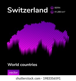 Stylized neon digital isometric striped vector Switzerland map with 3d effect. Map of Switzerland is in violet  and pink colors on the black background. 