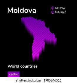 Stylized neon digital isometric striped vector Moldova map with 3d effect. Map of Moldova is in violet  and pink colors on the black background. 
