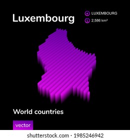 Stylized neon digital isometric striped vector Luxembourg map with 3d effect. Map of Luxembourg is in violet  and pink colors on the black background. 