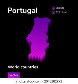 Stylized neon digital isometric striped vector Portugal map with 3d effect. Map of Portugal is in violet  and pink colors on the black background.
