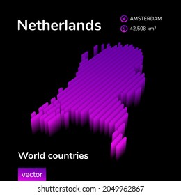 Stylized neon digital isometric striped vector Netherlands map with 3d effect. Map of Netherlands is in violet  and pink colors on the black background.