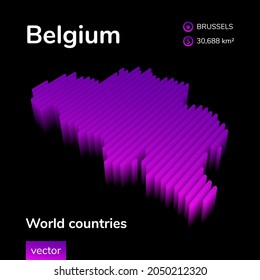 Stylized neon digital isometric striped vector Belgium map with 3d effect. Map of Belgium is in violet  and pink colors on the black background. 