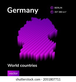 Stylized neon digital isometric striped vector Germany map with 3d effect. Map of Germany is in violet  and pink colors on the black background. 