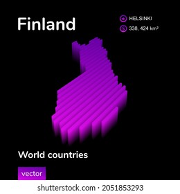 Stylized neon digital isometric striped vector Finland map with 3d effect. Map of Finland is in violet  and pink colors on the black background.