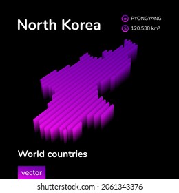 Stylized neon digital isometric striped vector North Korea map with 3d effect. Map of North Korea is in violet and pink colors on the black background.