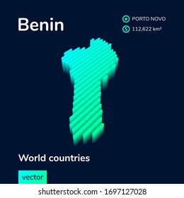 Stylized neon isometric digital striped vector map of Benin with 3d effect. Map of Benin is in green and mint colors on the dark blue background