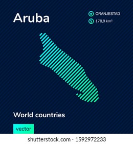 Stylized neon isometric striped vector   map  of Aruba. Aruba map is in green and mint colors on the dark blue background. Vector digital flat map of Aruba, Holland