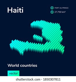 Mapa vectorial estilizado a rayas de Haití con efecto 3d. Mapa de Haití con colores verde y menta en el fondo azul oscuro