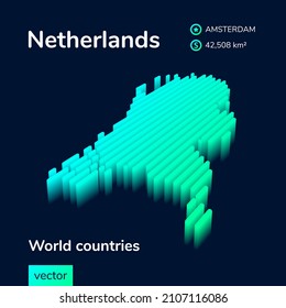 Stylized neon isometric striped vector Netherlands 3D map in green and mint colors on the black background.
