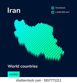 Mapa vectorial estilizado a rayas de Irán con efecto 3d. El mapa de Irán está en colores verde y menta en el fondo azul oscuro