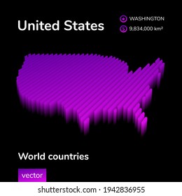 Stylized neon simple digital isometric striped vector USA map with 3d effect. Map of United States is in violet  and pink colors on the black background