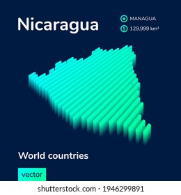 Stylized neon simple digital isometric striped vector Nicaragua map, with 3d effect.  Map of Nicaragua is in green, turquoise and mint colors on the dark blue background