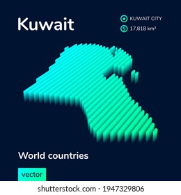 Stylized neon simple digital isometric striped vector Kuwait map, with 3d effect.  Map of Kuwait  is in green, turquoise and mint colors on the dark blue background
