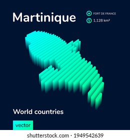 Stylized neon simple digital isometric striped vector 3d Martinique map. Map of Martinique is in green, turquoise and mint colors on the dark blue background