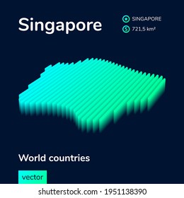 Mapa de Singapur de neón simple e isométrico estilizado, de 3d vector digital rayado. Mapa de Singapur con colores verde, turquesa y menta en el fondo azul oscuro