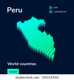 Stylized neon simple digital isometric striped vector Peru map, with 3d effect.  Map of Peru is in green, turquoise and mint colors on the dark blue background