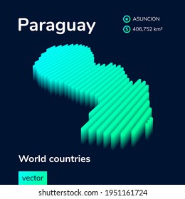 Stilvolles Neon einfache, isometrische gestreifte Vektorgrafik 3d Paraguay Karte. Karte von Paraguay ist grün, türkisfarben und minz auf dunkelblauem Hintergrund