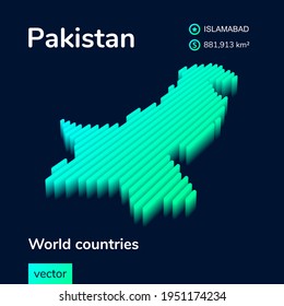 Stylized neon simple digital isometric striped vector Pakistan map, with 3d effect.  Map of Pakistan is in green, turquoise and mint colors on the dark blue background