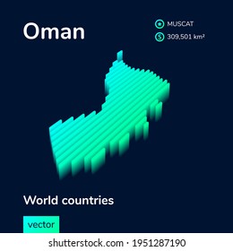 Stylized neon simple digital isometric striped vector Oman map, with 3d effect.  Map of Oman is in green, turquoise and mint colors on the dark blue background