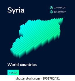 Stylized neon simple digital isometric striped vector Syria map, with 3d effect.  Map of Syria is in green, turquoise and mint colors on the dark blue background