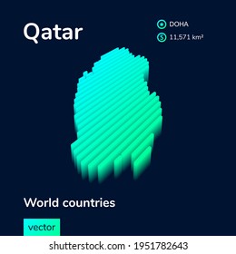 Mapa de Qatar, con efecto 3d, con un simple vector digital de rayas isométricas estilizadas de neón.  Mapa de Qatar en color verde, turquesa y menta en fondo azul oscuro