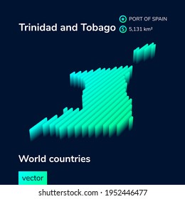 Stylized neon simple digital isometric striped vector Trinidad and Tobago map, with 3d effect.  Map of Trinidad and Tobago is in green, turquoise and mint colors on the dark blue background
