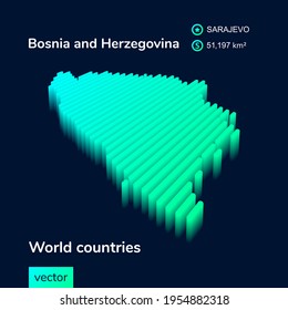 Stylized neon simple digital isometric striped vector Bosnia and Herzegovina map, with 3d effect. Map of Bosnia and Herzegovina is in green, turquoise and mint colors on the dark blue background