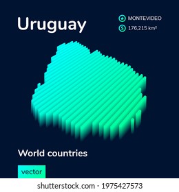 Stylized neon simple digital isometric striped vector Uruguay map, with 3d effect.  Map of Uruguay is in green, turquoise and mint colors on the dark blue background