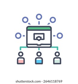 Stylized network representation, data flows from a computer to different users, flat style.