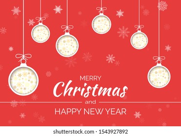 Stylized New Year greeting cars cover. Cut paper Christmas balls in red background with snowflake. Holiday decoration element. Vector