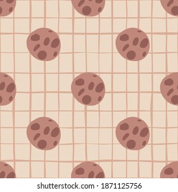 Stylized new year seamless patter with chocolate cookies ornament. Light brown tasty pastry on chequered background. Designed for wallpaper, textile, wrapping paper, fabric print. Vector illustration.