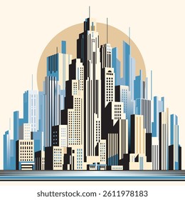 Stylized New York City skyline showcasing iconic art deco skyscrapers against a backdrop of a large sun, capturing the city's grandeur