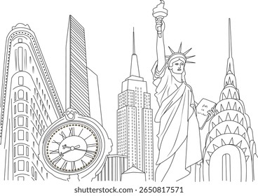 Stylized New York City skyline outline with famous landmarks. Clean vector line art for design, education, and tourism.