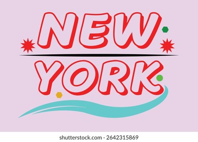 Stylized New York text graphic with red letters, a blue wave, and colorful geometric shapes on a light purple background.