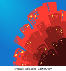 Stylized night city. Light and dark house. Vector illustration.