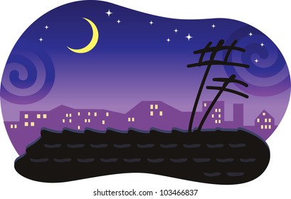 Stylized night cityscape with a tiled roof and the moon. Vector background.