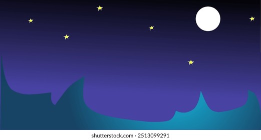 A stylized night scene featuring a large white moon and several yellow stars against a deep blue gradient sky.The foreground consists of abstract shapes resembling waves in dark teal and cyan hues