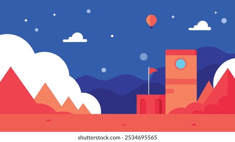 Un cielo nocturno estilizado con un edificio rojo, un globo aerostático y montañas en la distancia. El cielo es azul con nubes blancas y estrellas. El edificio tiene una bandera roja y una ventana redonda.