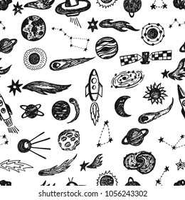 Stylized night sky seamless pattern with shining stars, constellations, planets, meteorites, rockets, sputnik, comets and other space elements. Hand drawn vector background.