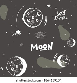 Stylized night sky seamless pattern with moon shining stars, planets, Dark hand drawn background. doodle sketch. Wrapping paper.