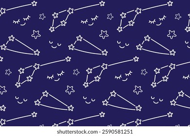 Stylized night sky seamless pattern, constellation. Seamless doodle pattern with cute stars and comets constellations in cartoon style Kids wallpaper